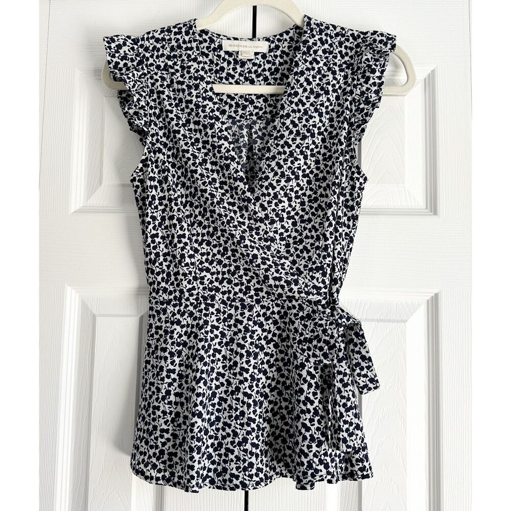 Monteau Blouse Women's Size S Black & White Floral Ruffle Wrap Top